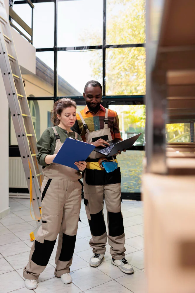 Two inspectors reviewing findings on a clipboard and laptop